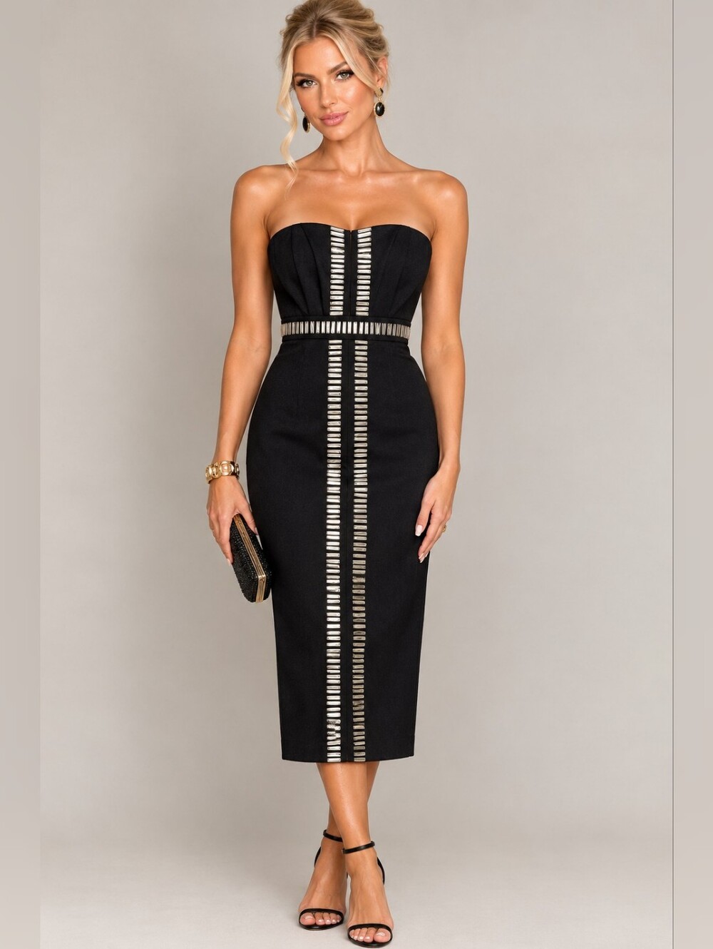 Premonition Dimmed Light Strapless Midi Dress Metallic Trim Black AUS 8/ US 4